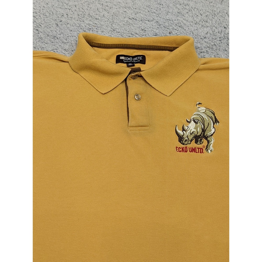 Vintage Y2K Ecko Unlimited Polo XL‎ Mustard Yellow Big Rhino Embroidered Graphic